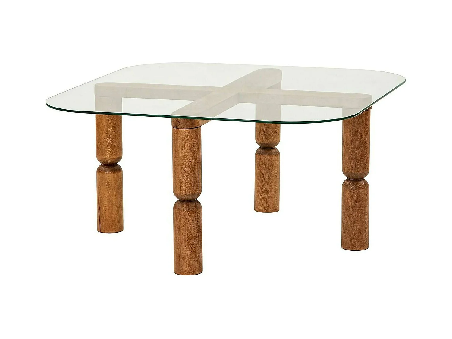 Table basse Psamathe, Table basse, Porte-revues pour canapé, Etagère de salon, 80x80h40 cm, Noyer et Transparent