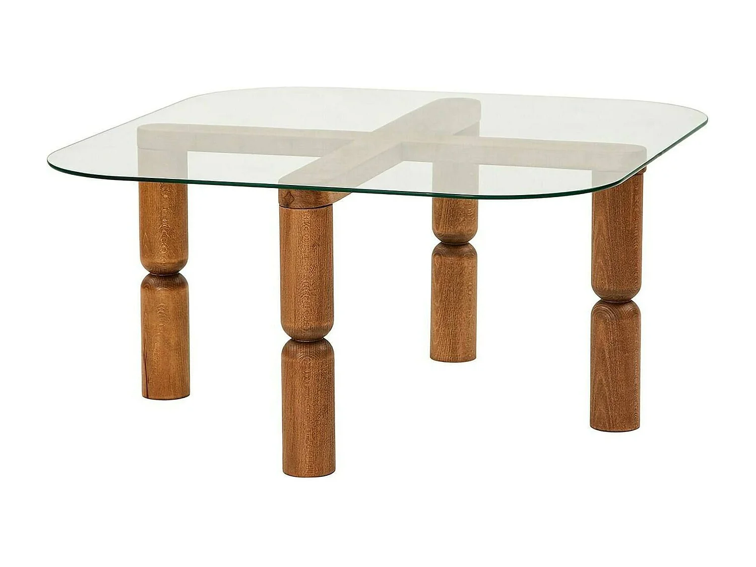 Table basse Psamathe, Table basse, Porte-revues pour canapé, Etagère de salon, 80x80h40 cm, Noyer et Transparent