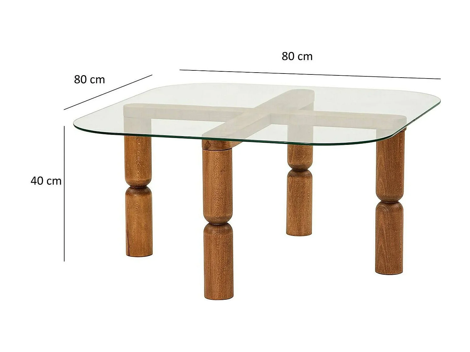 Table basse Psamathe, Table basse, Porte-revues pour canapé, Etagère de salon, 80x80h40 cm, Noyer et Transparent