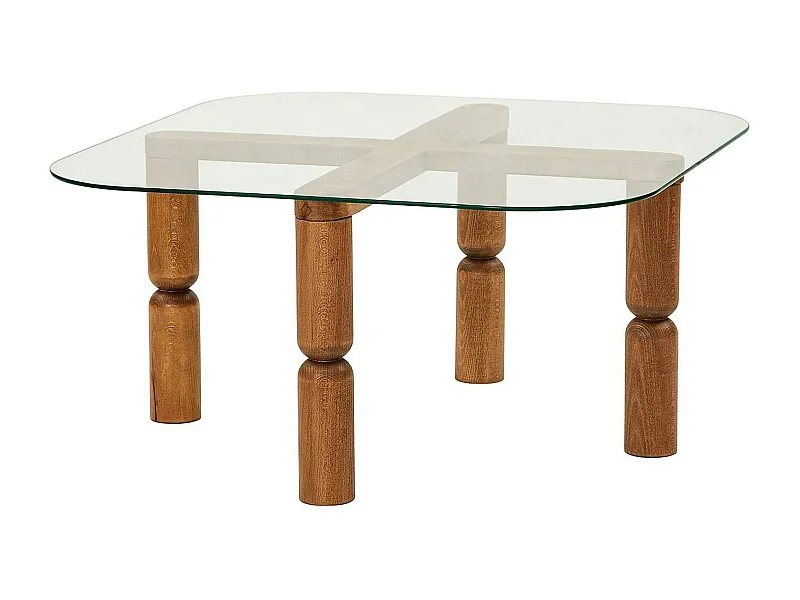 Table basse Psamathe, Table basse, Porte-revues pour canapé, Etagère de salon, 80x80h40 cm, Noyer et Transparent