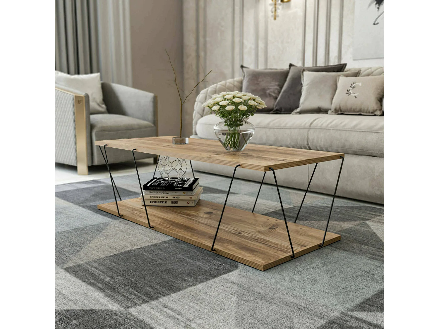 Dmora - Tavolino da salotto Sarika, 120x50h30 cm, Quercia e Nero