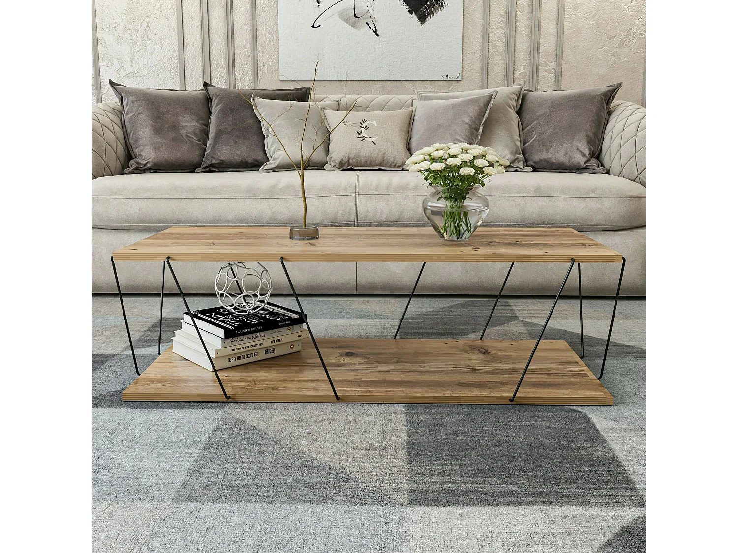 Dmora - Tavolino da salotto Sarika, 120x50h30 cm, Quercia e Nero