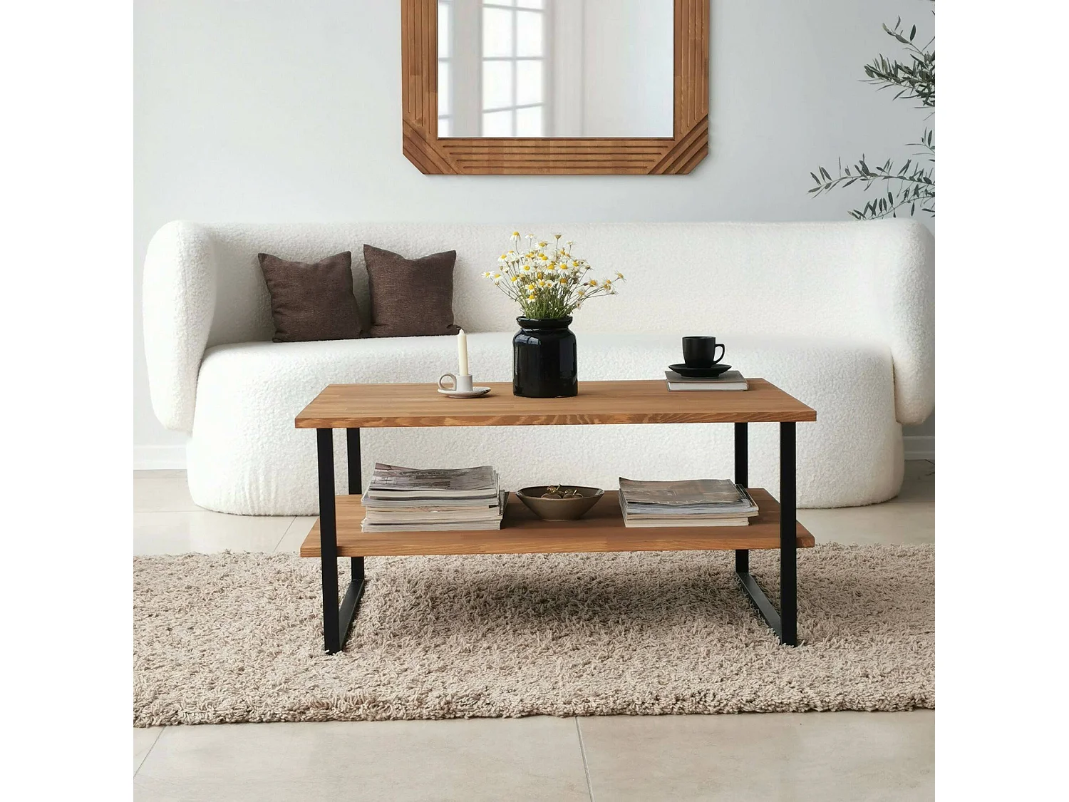 Mesa de café Dlionett, Mesa de centro baja, Revistero para sofá, Estante de la sala de estar, 85x60h40 cm, Roble