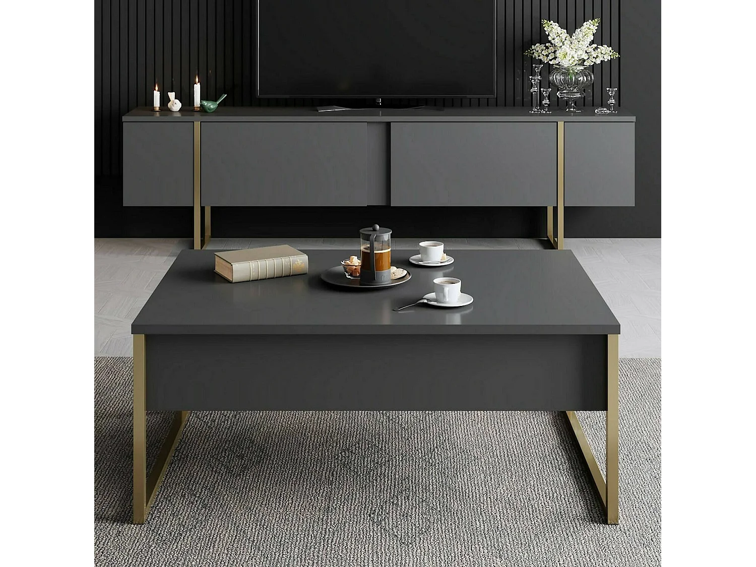 Table basse Canis, Table basse, Porte-revues pour canapé, Etagère de salon, 90x60h40 cm, Anthracite et Or