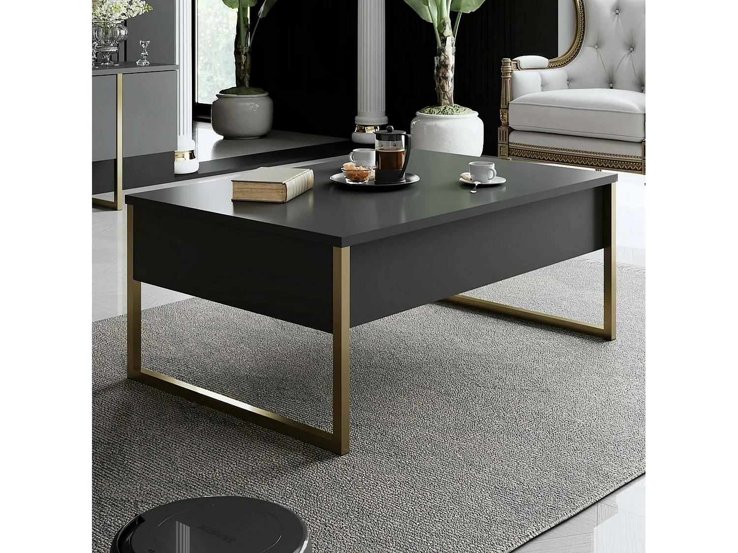 Table basse Canis, Table basse, Porte-revues pour canapé, Etagère de salon, 90x60h40 cm, Anthracite et Or