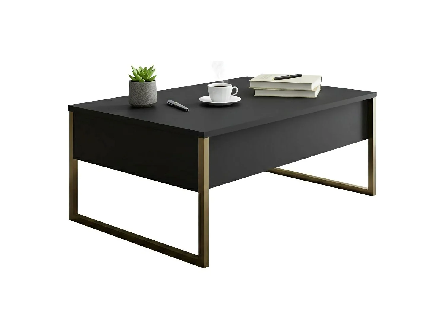 Table basse Canis, Table basse, Porte-revues pour canapé, Etagère de salon, 90x60h40 cm, Anthracite et Or