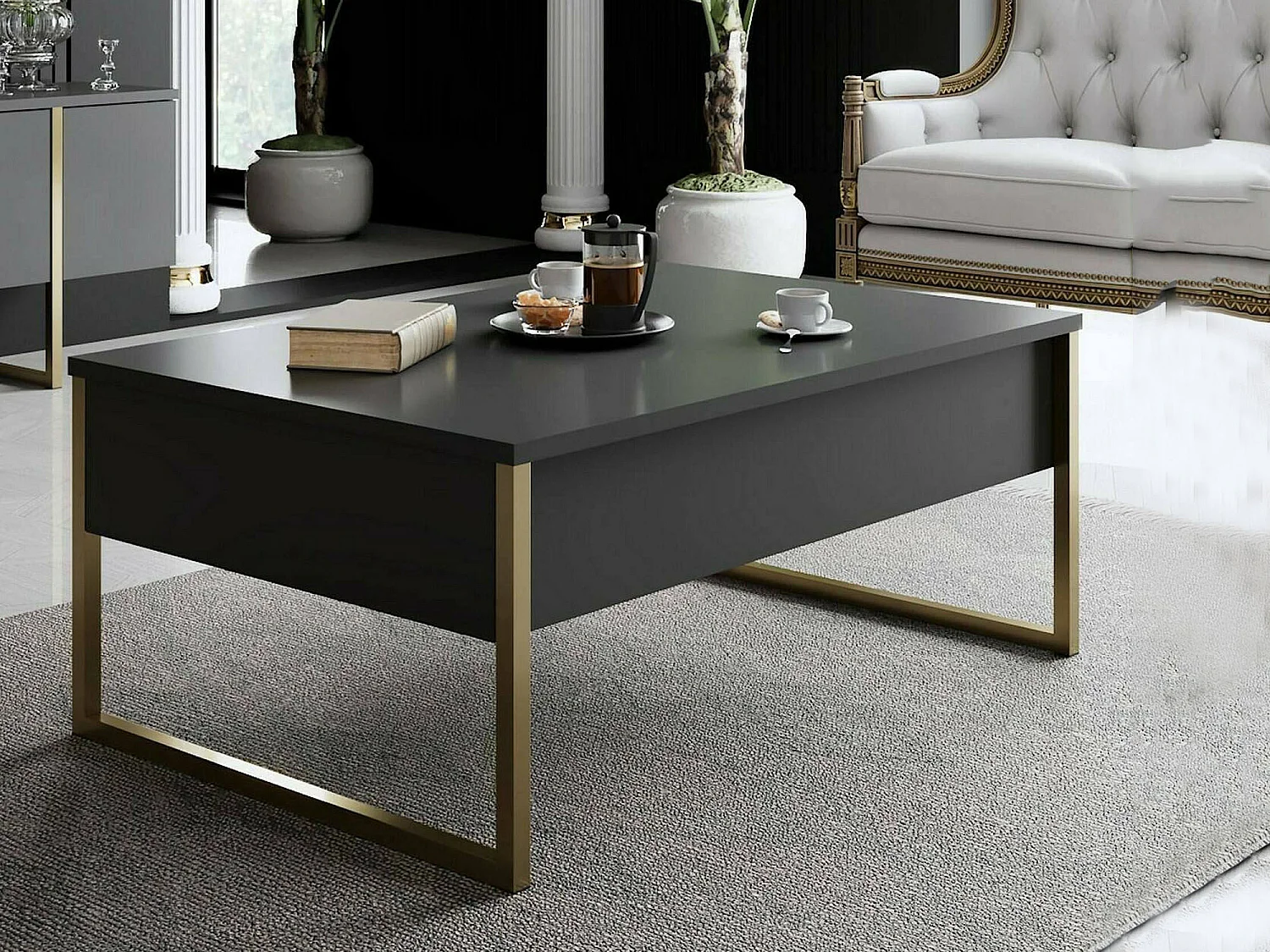 Table basse Canis, Table basse, Porte-revues pour canapé, Etagère de salon, 90x60h40 cm, Anthracite et Or