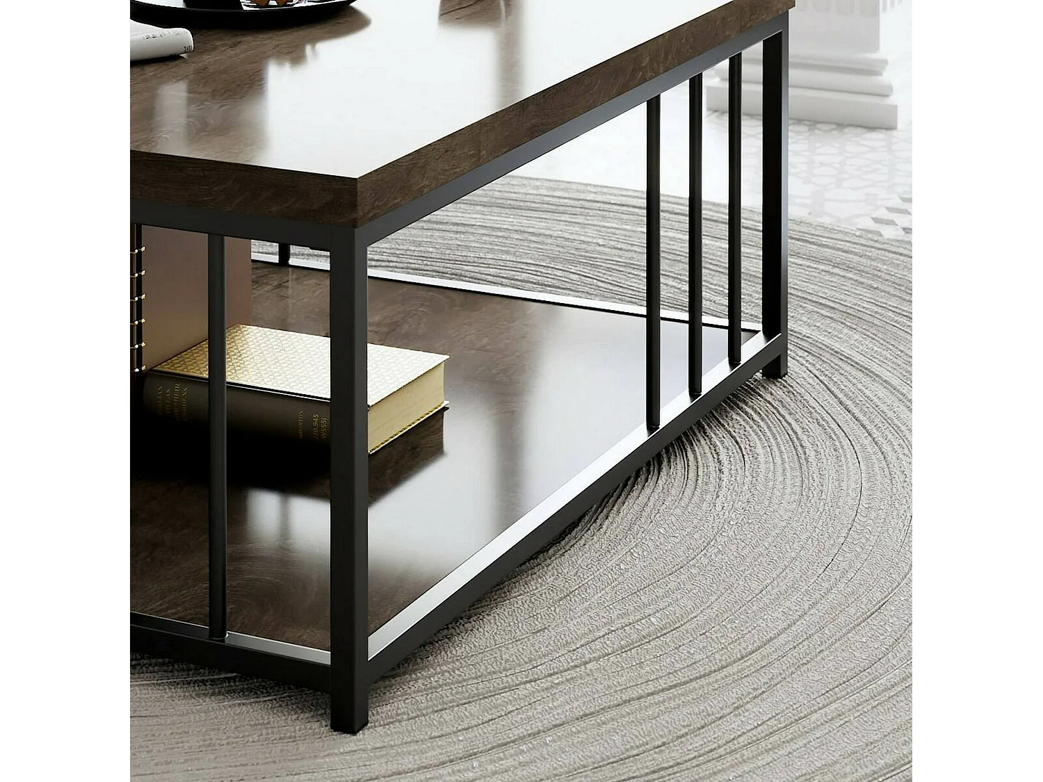 Table basse Ankaa, Table basse, Porte-revues pour canapé, Etagère de salon, 90x90h40 cm, Noyer et Noir