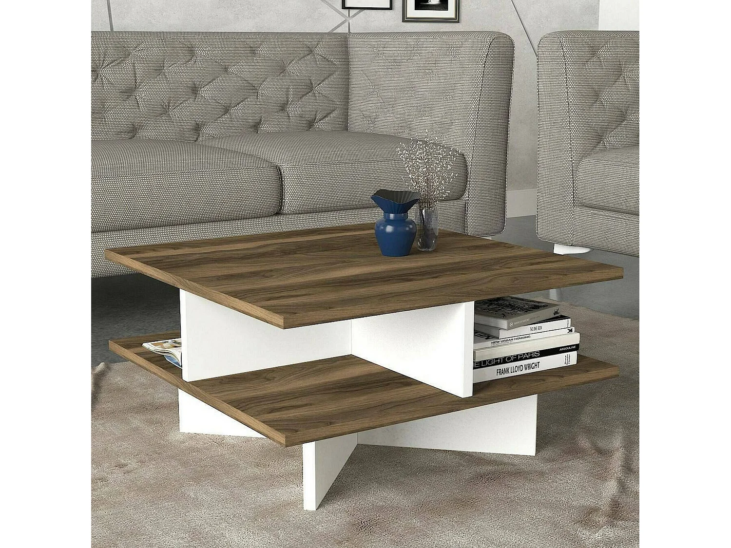 Wohnzimmertisch Dpalmier, Niedriger Wohnzimmertisch, Kaffeeregal, Couchtisch für Sofa, 60x60h31 cm, Walnuss und WeiÃŸ