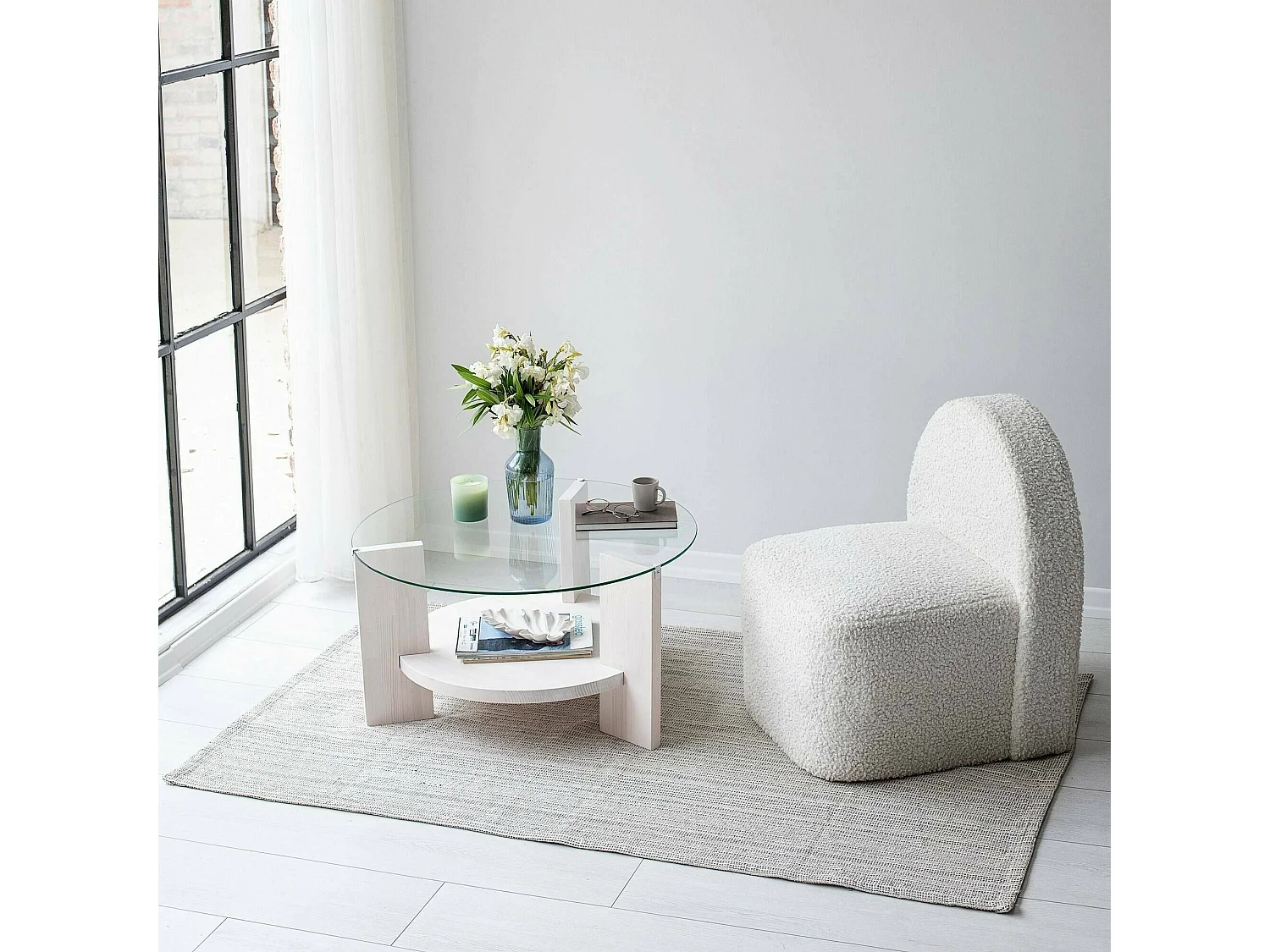 Table basse Alnitak, Table basse, Porte-revues pour canapé, Etagère de salon, 75x75h40 cm, Blanc