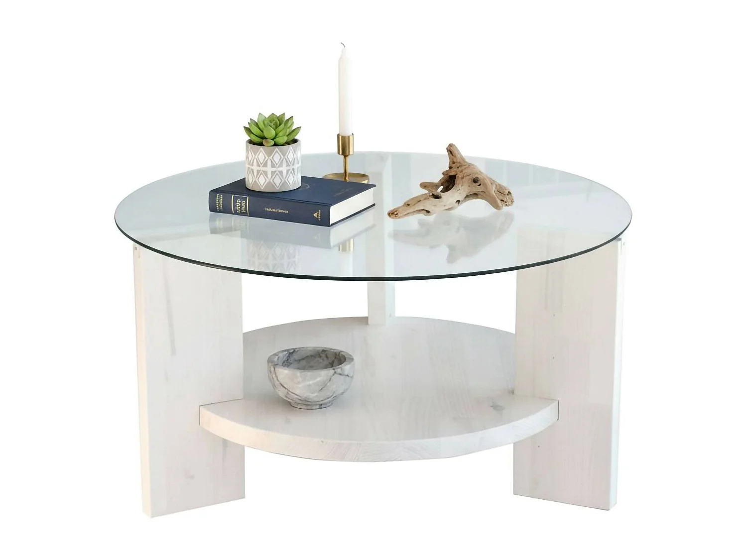 Mesa de centro Felino, revistero, 75x75x40h cm blanca, forma redonda, tablero de vidrio