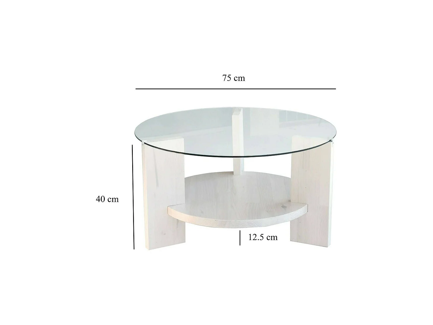 Mesa de centro Felino, revistero, 75x75x40h cm blanca, forma redonda, tablero de vidrio