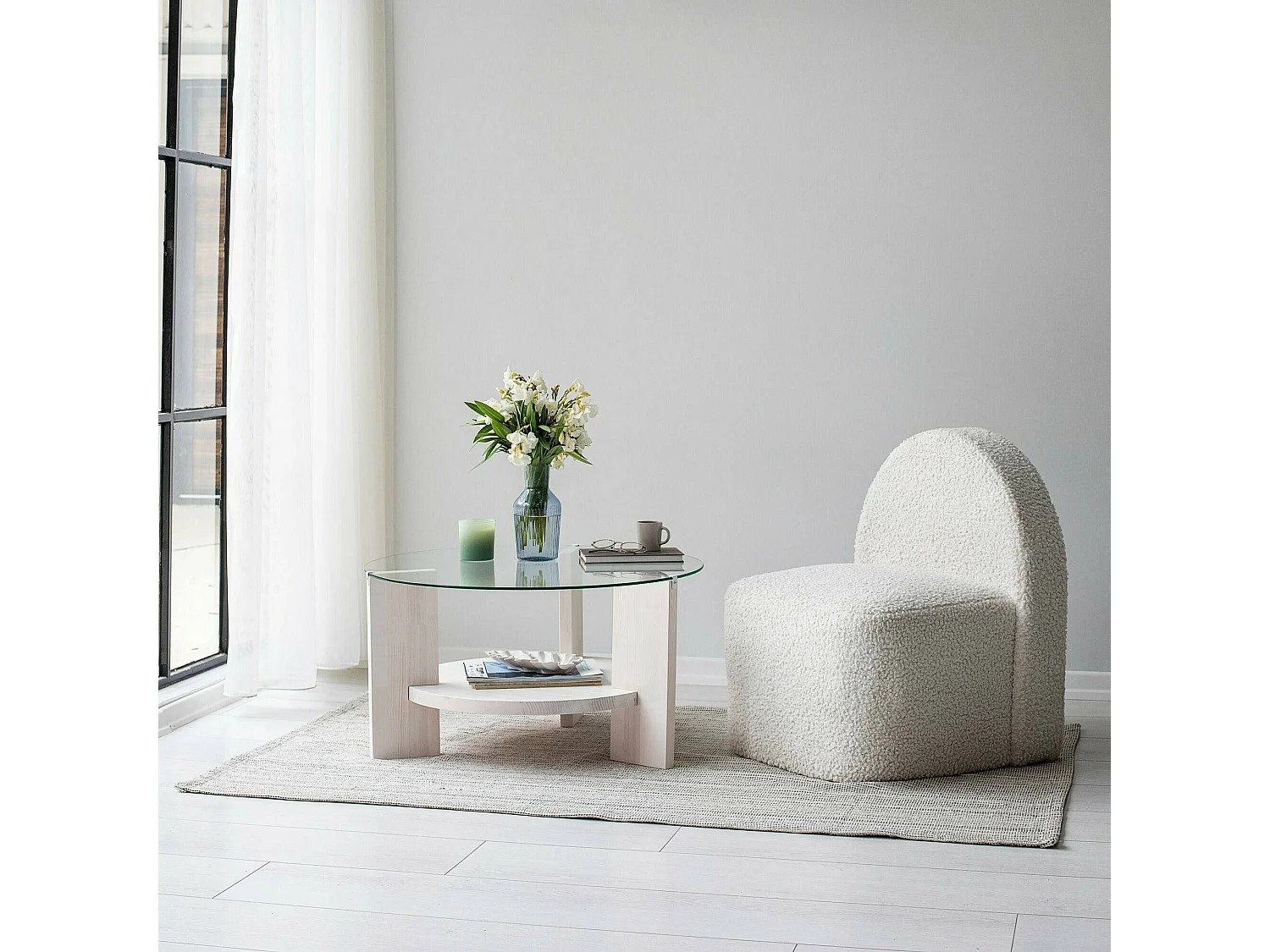 Mesa de centro Felino, revistero, 75x75x40h cm blanca, forma redonda, tablero de vidrio