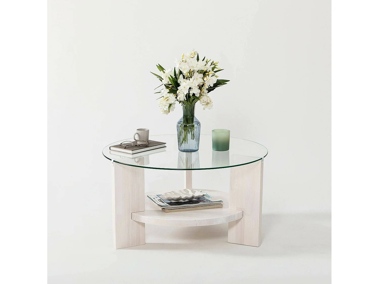 Mesa de centro Felino, revistero, 75x75x40h cm blanca, forma redonda, tablero de vidrio