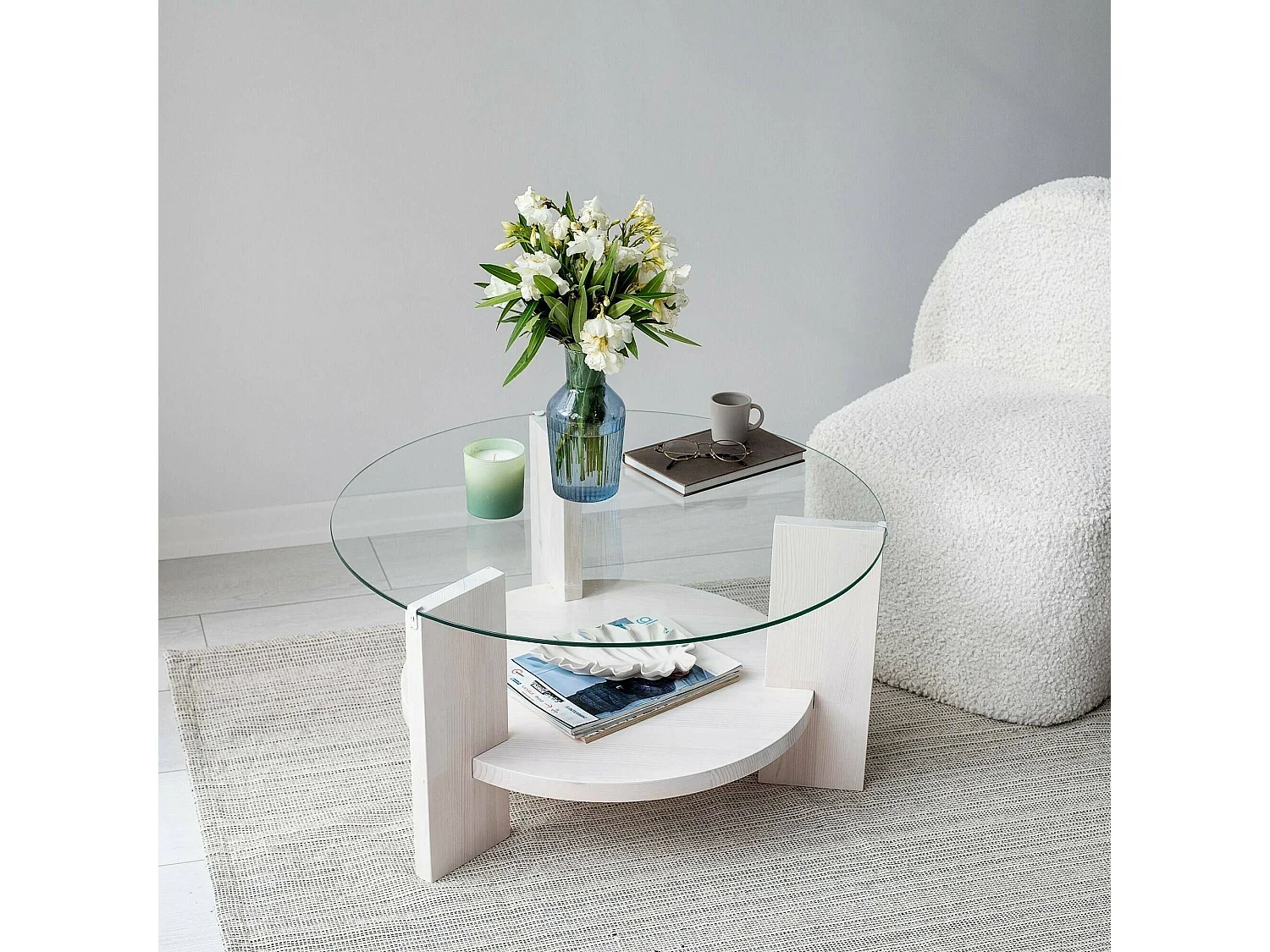 Mesa de centro Felino, revistero, 75x75x40h cm blanca, forma redonda, tablero de vidrio