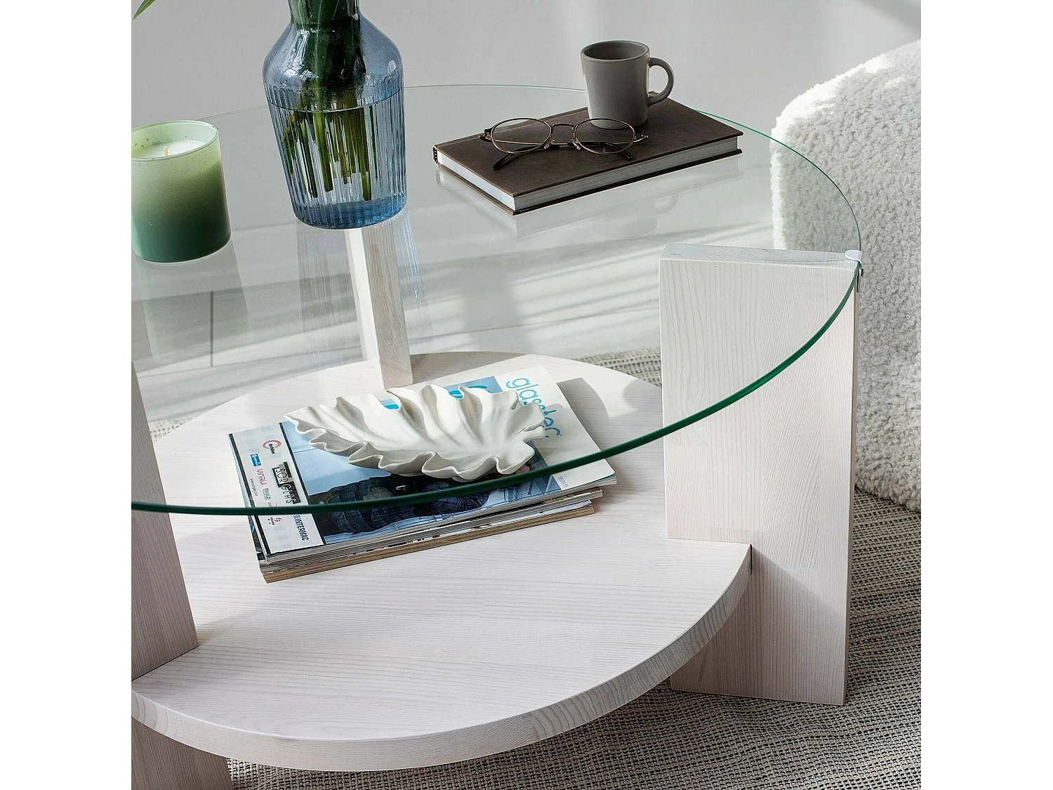 Mesa de centro Felino, revistero, 75x75x40h cm blanca, forma redonda, tablero de vidrio
