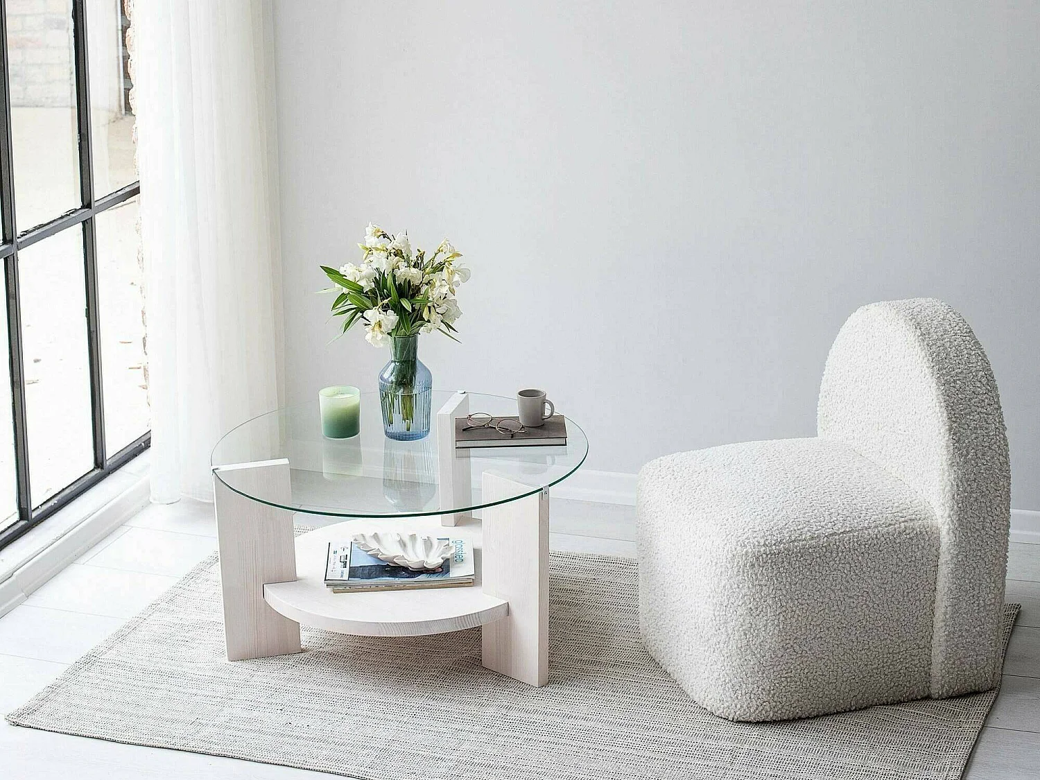 Mesa de centro Felino, revistero, 75x75x40h cm blanca, forma redonda, tablero de vidrio