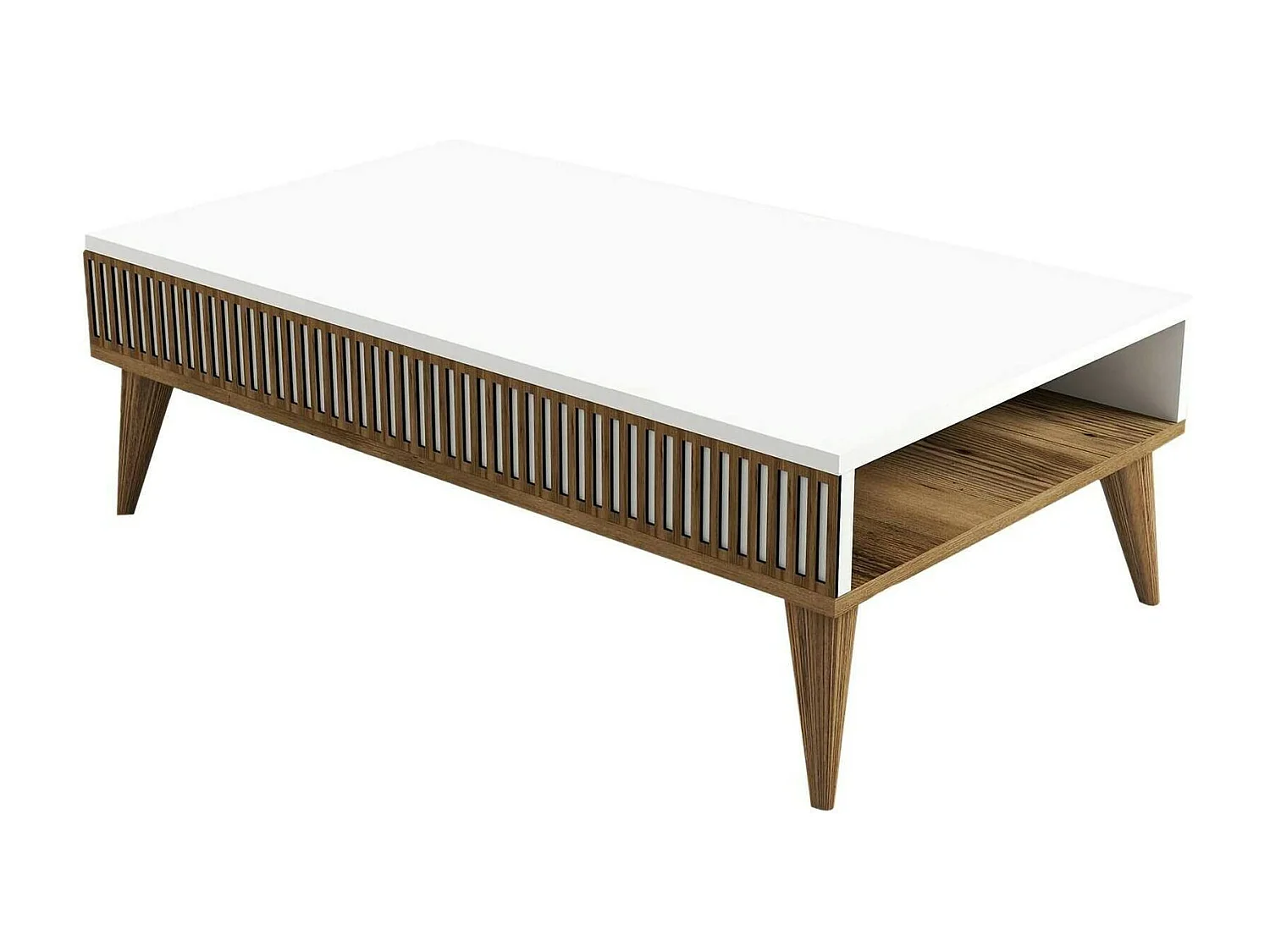 Table basse Capricorn, Table basse, Porte-revues pour canapé, Etagère de salon, 105x60h35 cm, Noyer et Blanc