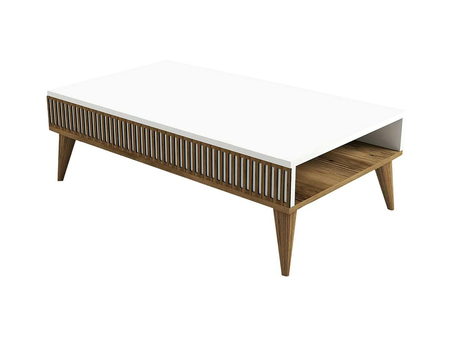 Mesa de centro Dgiovinc, Mesa de café, Porta-revistas para sofá, Prateleira para sala de estar, 105x60h35 cm, Nogueira e Branco