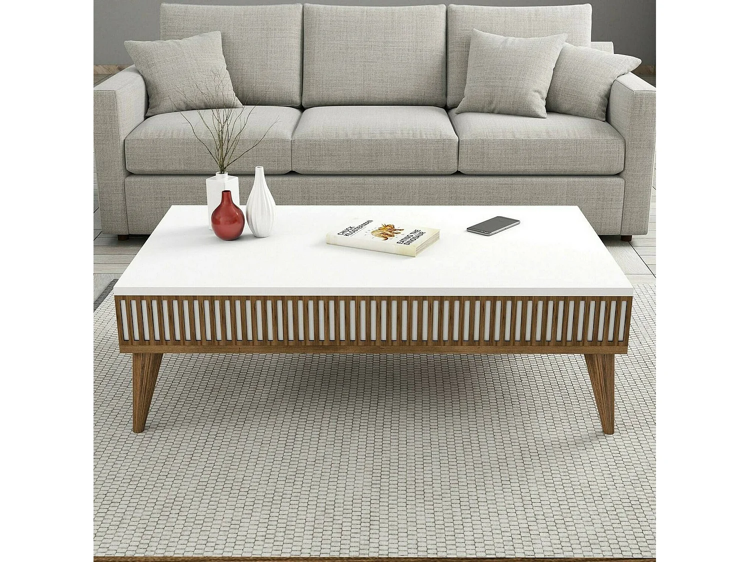 Table basse Capricorn, Table basse, Porte-revues pour canapé, Etagère de salon, 105x60h35 cm, Noyer et Blanc