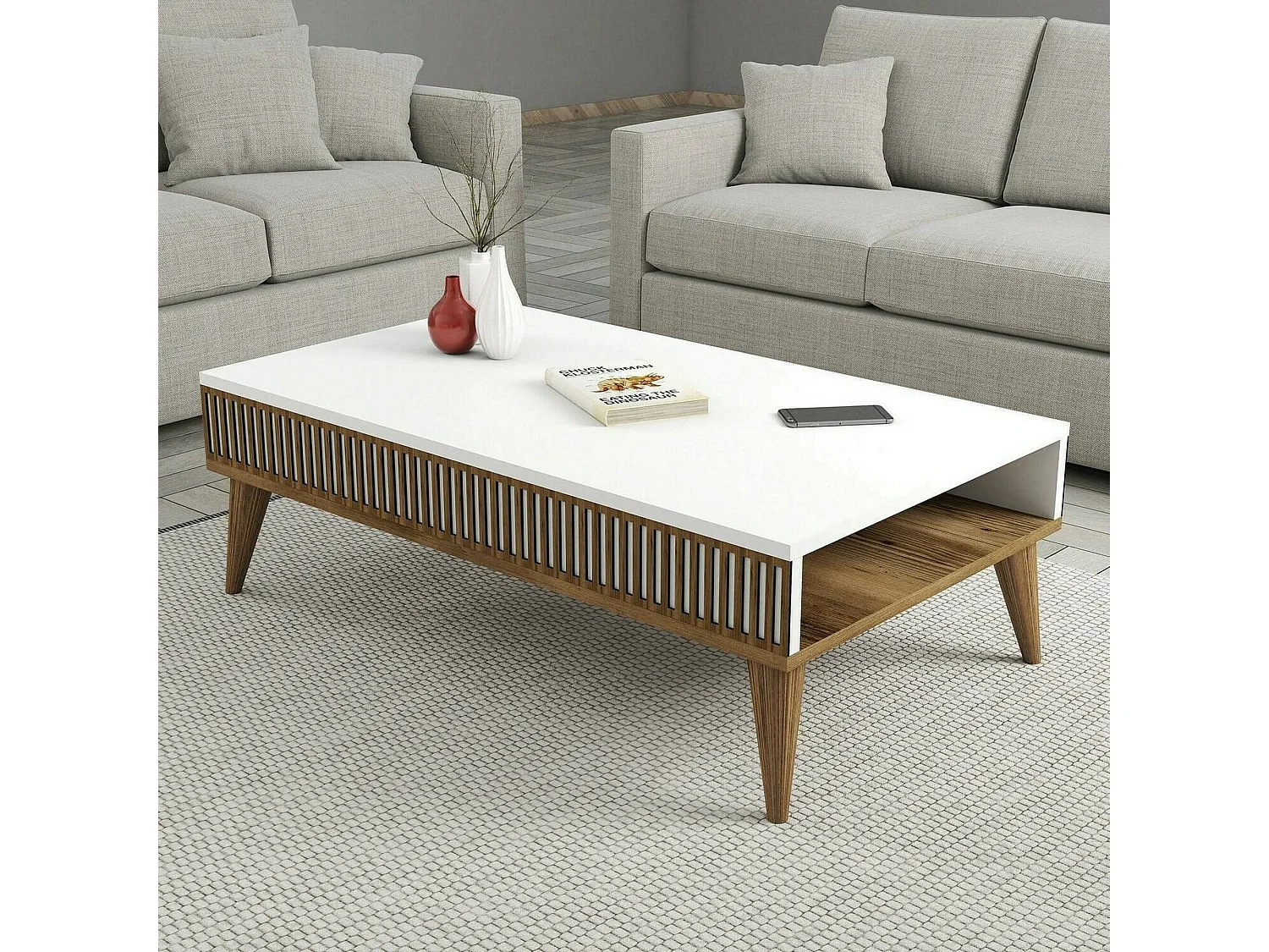 Table basse Capricorn, Table basse, Porte-revues pour canapé, Etagère de salon, 105x60h35 cm, Noyer et Blanc