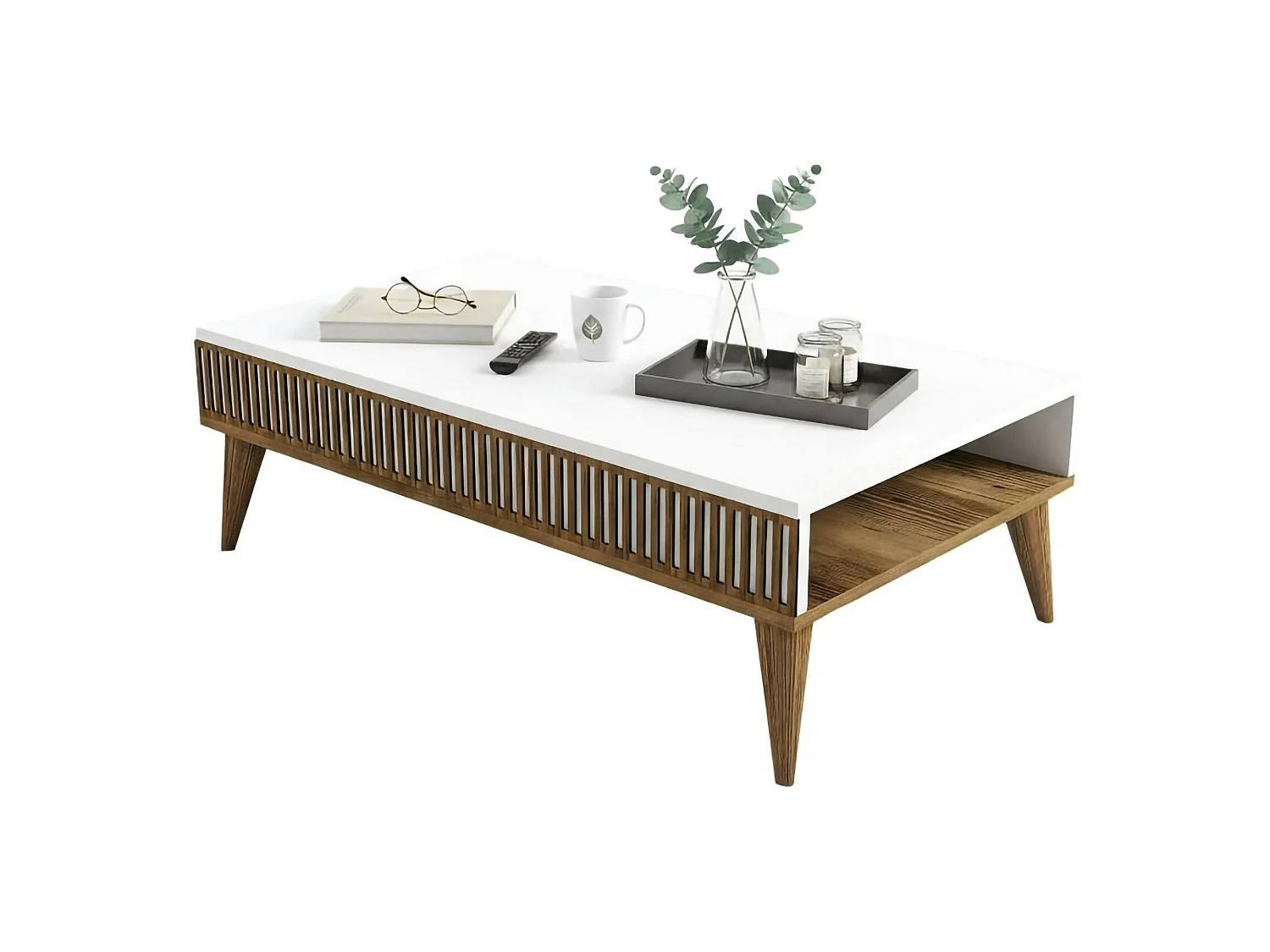 Mesa de centro Dgiovinc, Mesa de café, Porta-revistas para sofá, Prateleira para sala de estar, 105x60h35 cm, Nogueira e Branco