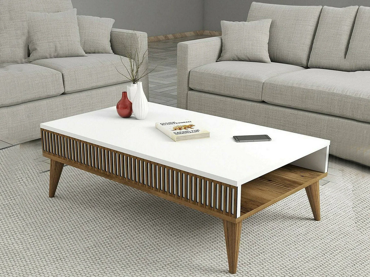 Mesa de centro Dgiovinc, Mesa de café, Porta-revistas para sofá, Prateleira para sala de estar, 105x60h35 cm, Nogueira e Branco