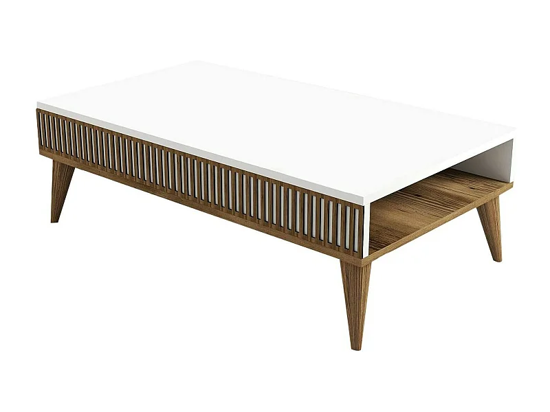 Table basse Capricorn, Table basse, Porte-revues pour canapé, Etagère de salon, 105x60h35 cm, Noyer et Blanc