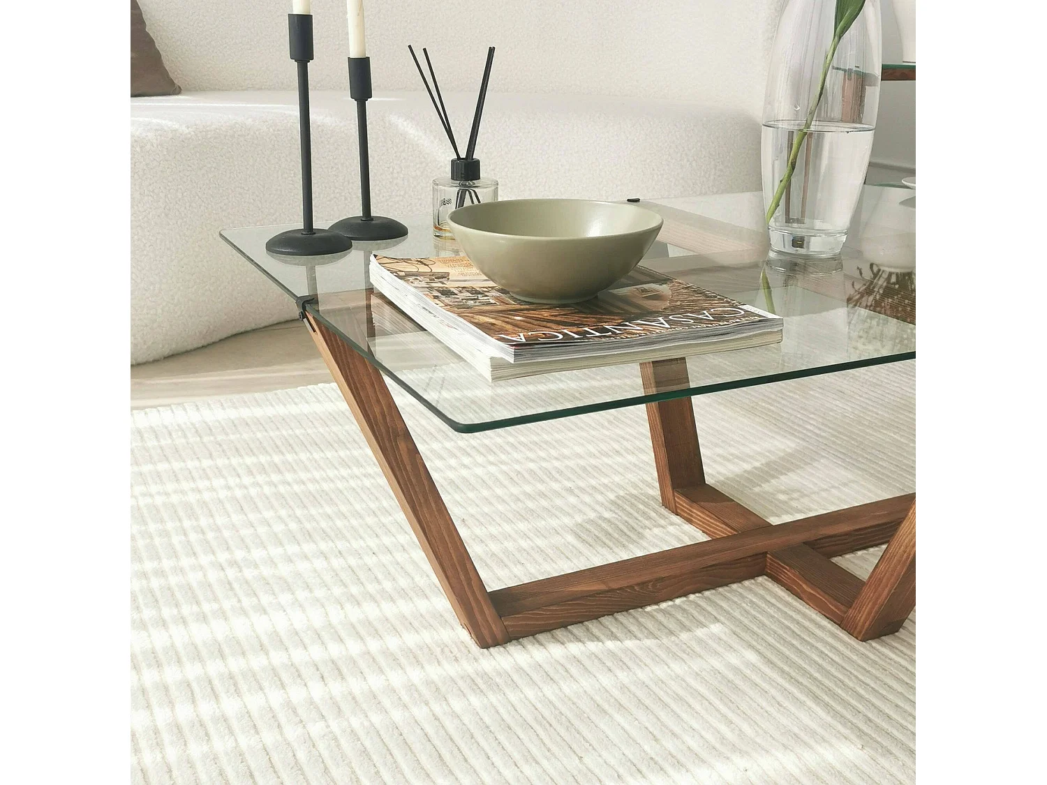 Visconti Couchtisch, rechteckig, 105x65x35h cm, nussbraun, Glasplatte, transparente Ablage