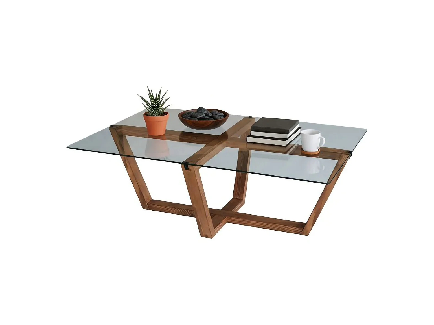 Table basse Visconti, forme rectangulaire, 105x65x35h cm brun noyer, plateau en verre, étagère transparente