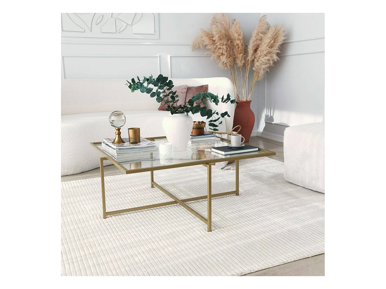 Table basse Dabih, Table basse, Porte-revues pour canapé, Etagère de salon, 85x85h35 cm, Or