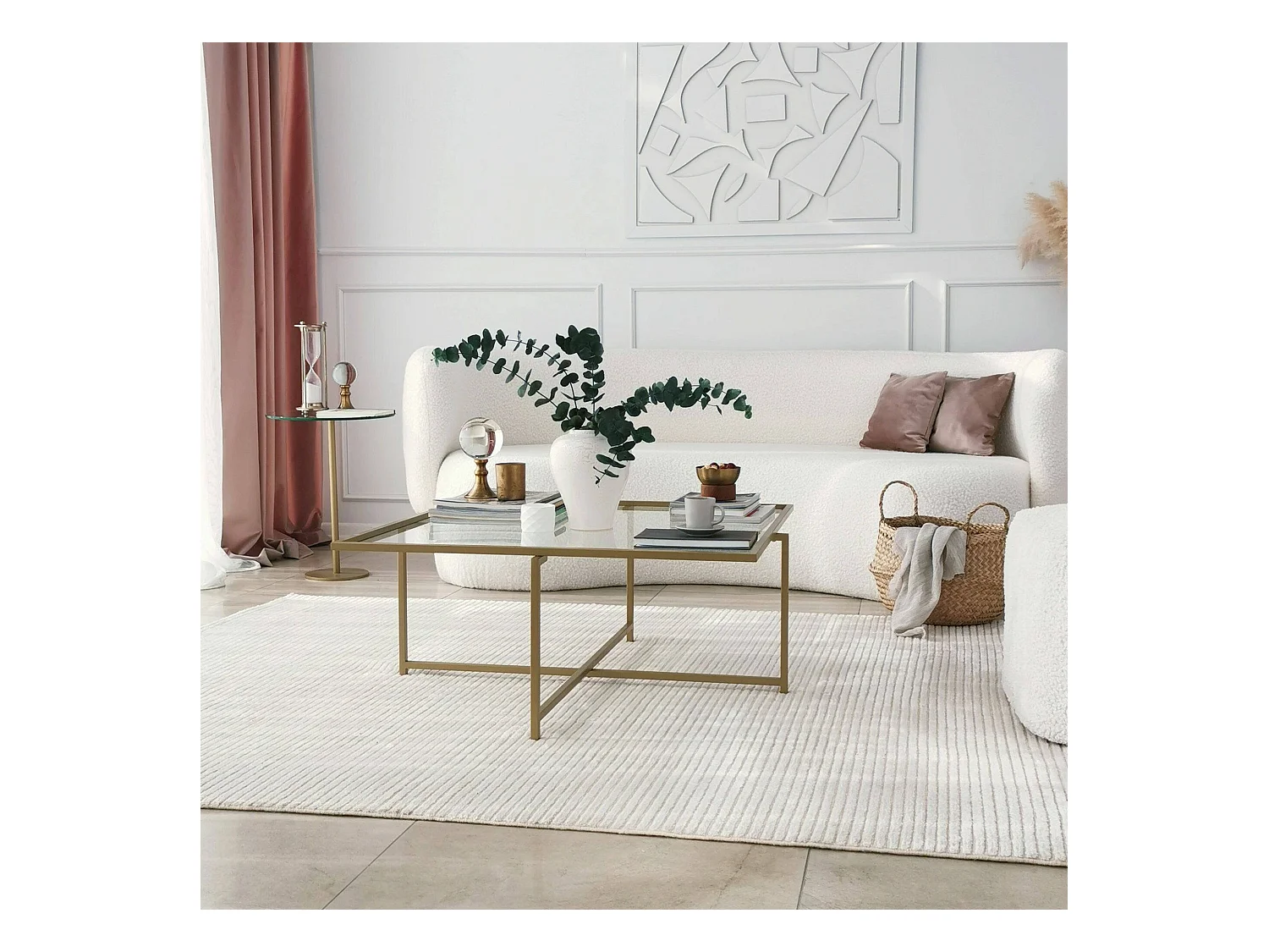 Table basse Dabih, Table basse, Porte-revues pour canapé, Etagère de salon, 85x85h35 cm, Or
