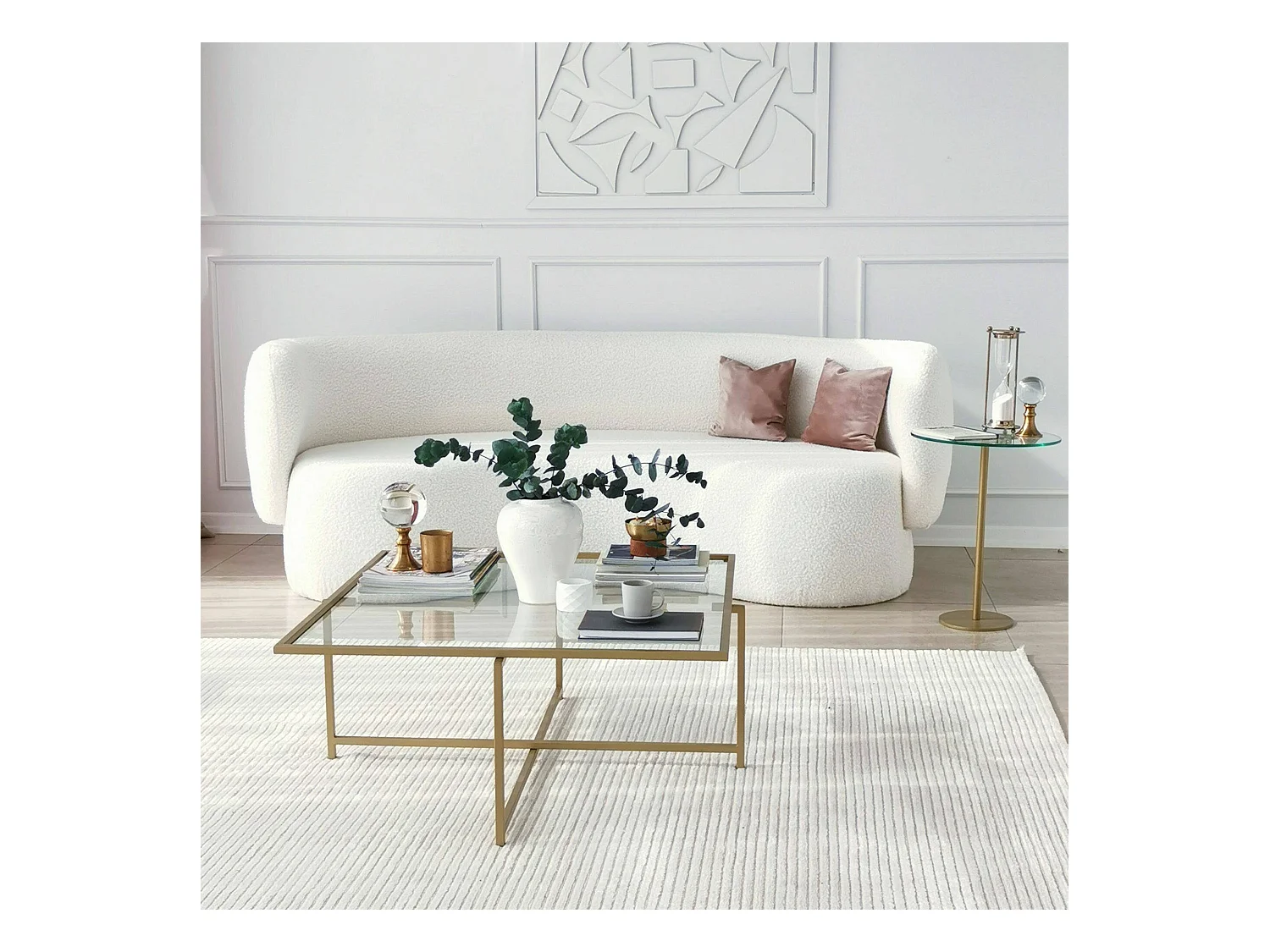 Table basse Dabih, Table basse, Porte-revues pour canapé, Etagère de salon, 85x85h35 cm, Or