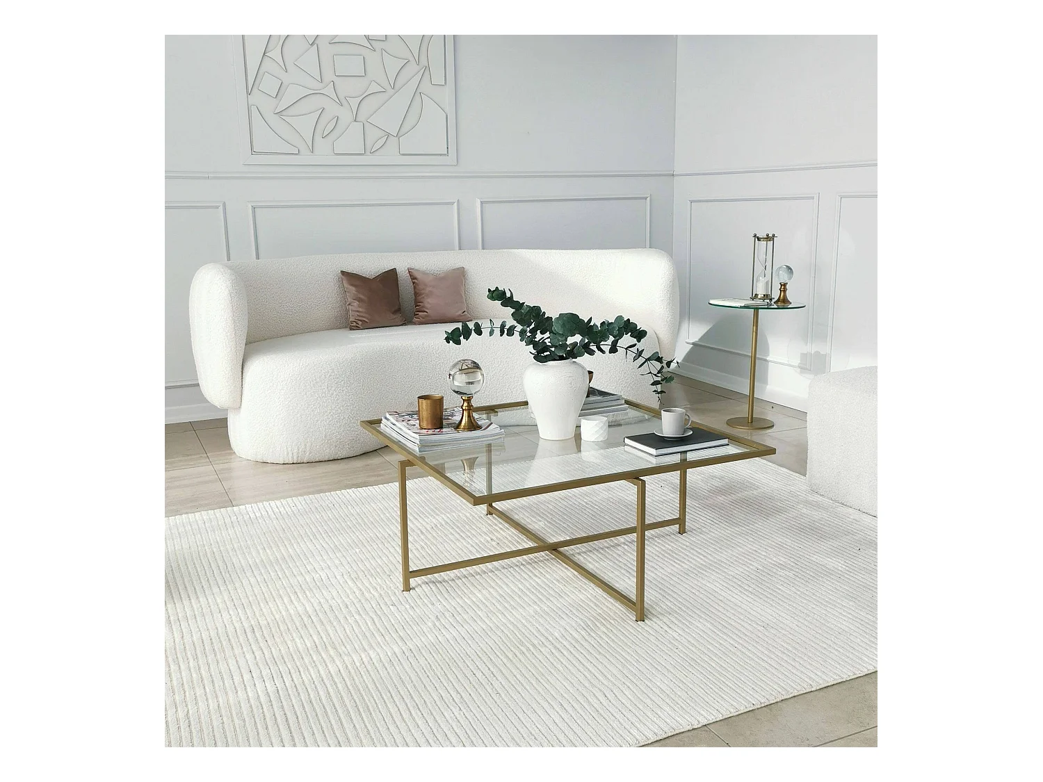 Table basse Dabih, Table basse, Porte-revues pour canapé, Etagère de salon, 85x85h35 cm, Or