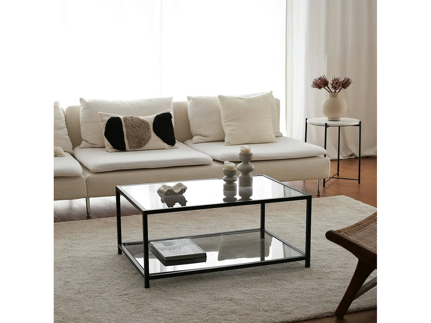 Mesa de café Djureski, Mesa de centro baja, Revistero para sofá, Estante de la sala de estar, 90x60h40 cm, Negro