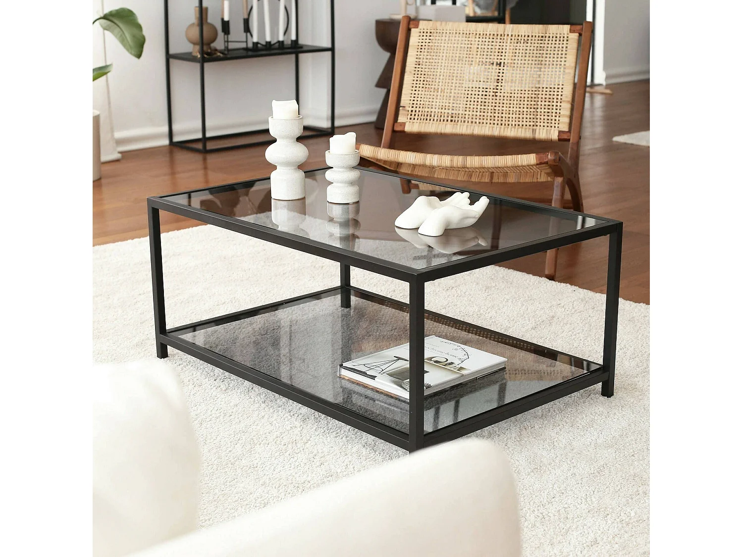 Table basse Mina, porte-revues, 90x60x40h cm noir, un compartiment, forme rectangulaire