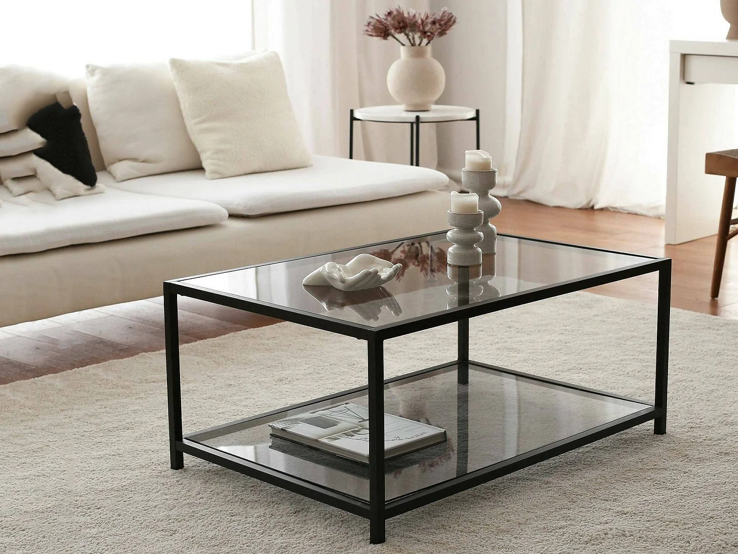 Table basse Mina, porte-revues, 90x60x40h cm noir, un compartiment, forme rectangulaire
