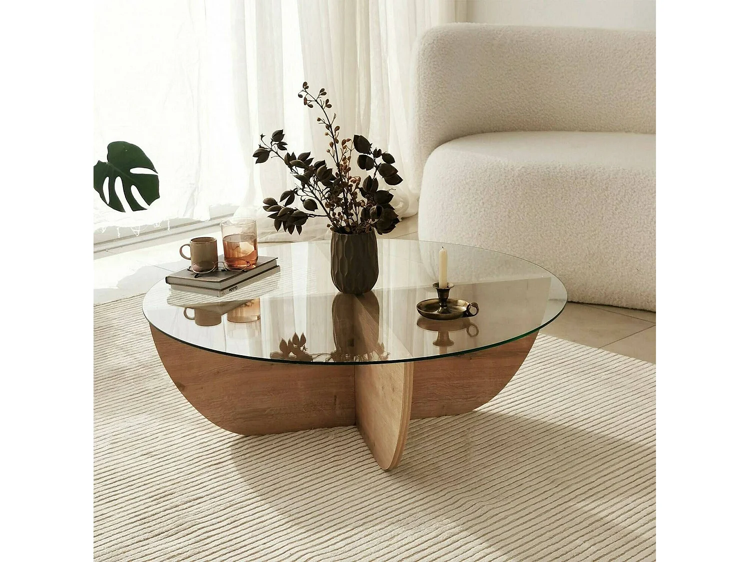 Mesa de centro Jolanda, forma circular, 90x90x30h cm roble marrón, tablero de vidrio, estante transparente