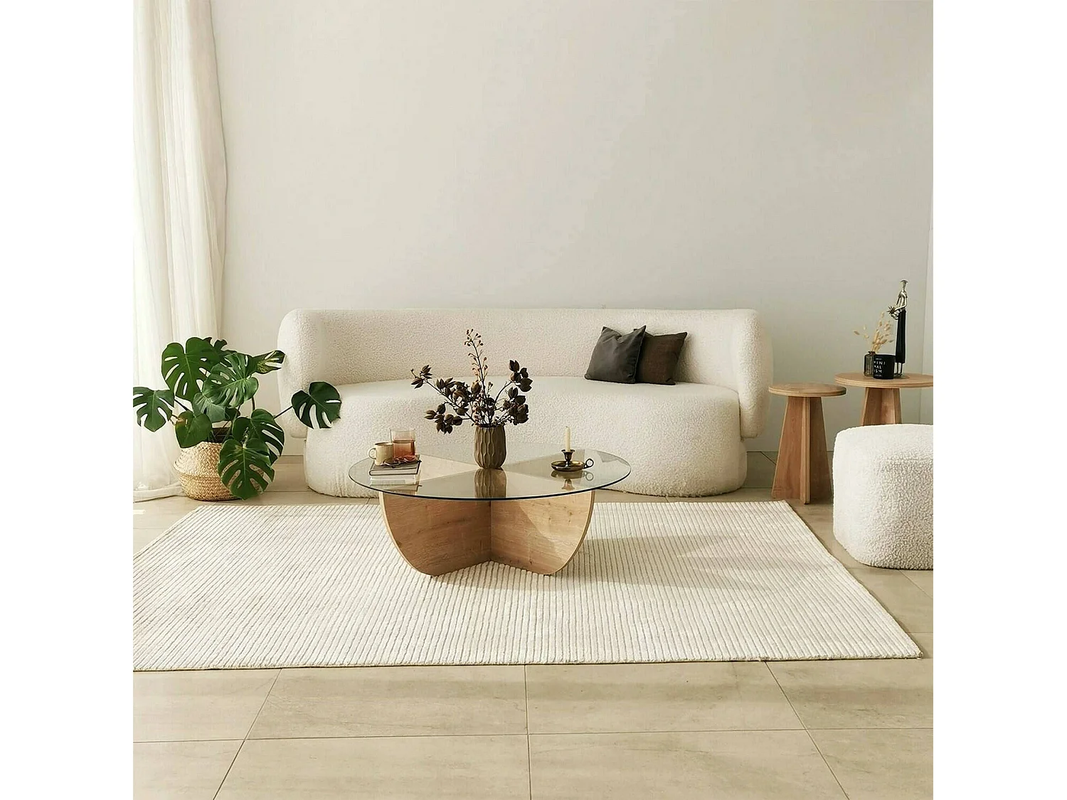 Mesa de centro Jolanda, forma circular, 90x90x30h cm roble marrón, tablero de vidrio, estante transparente
