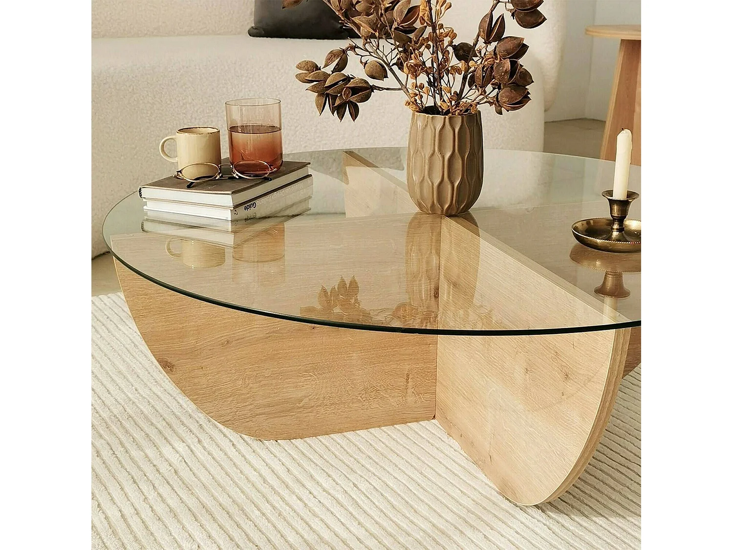 Mesa de centro Jolanda, forma circular, 90x90x30h cm roble marrón, tablero de vidrio, estante transparente