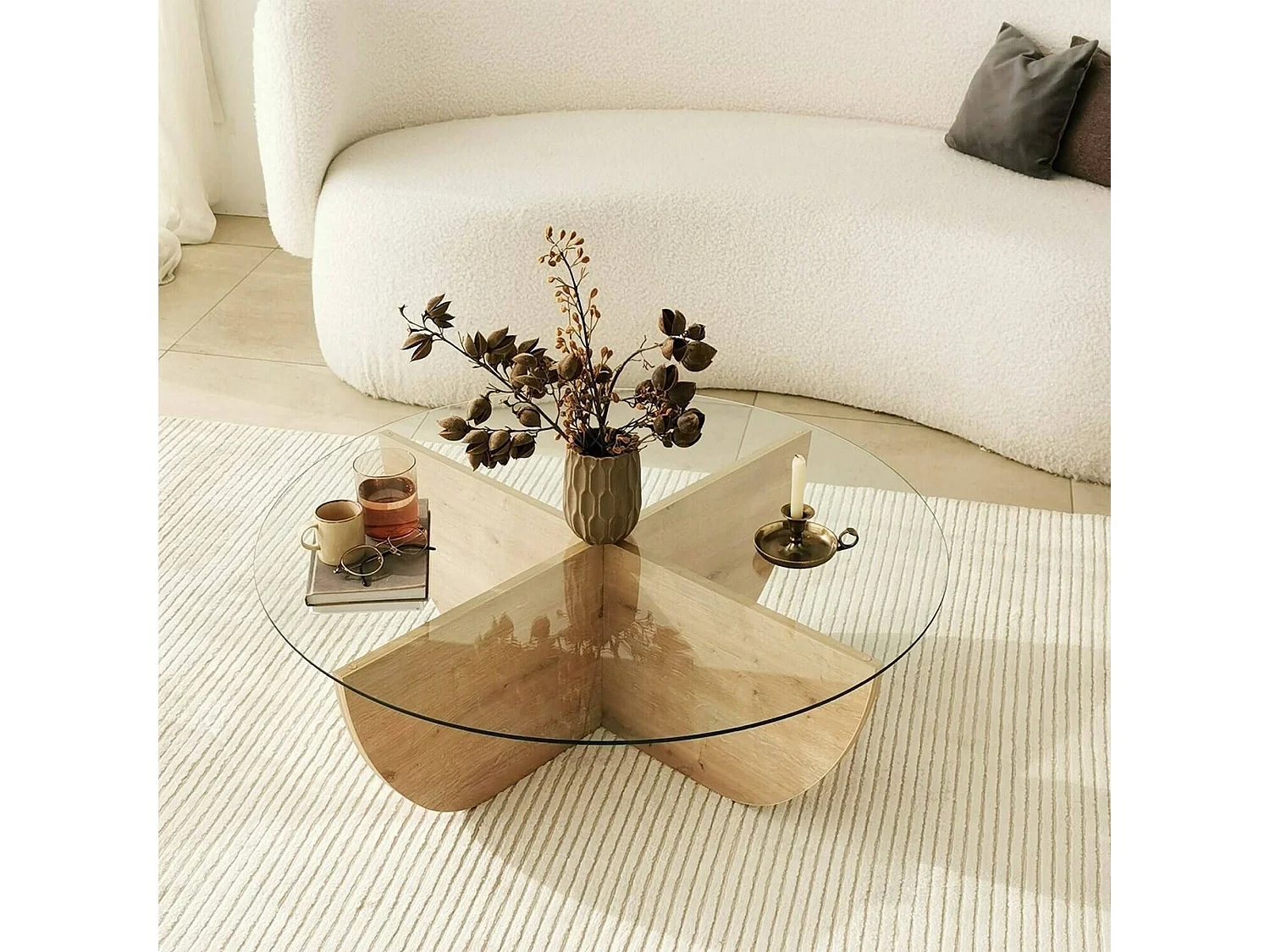Mesa de centro Jolanda, forma circular, 90x90x30h cm roble marrón, tablero de vidrio, estante transparente