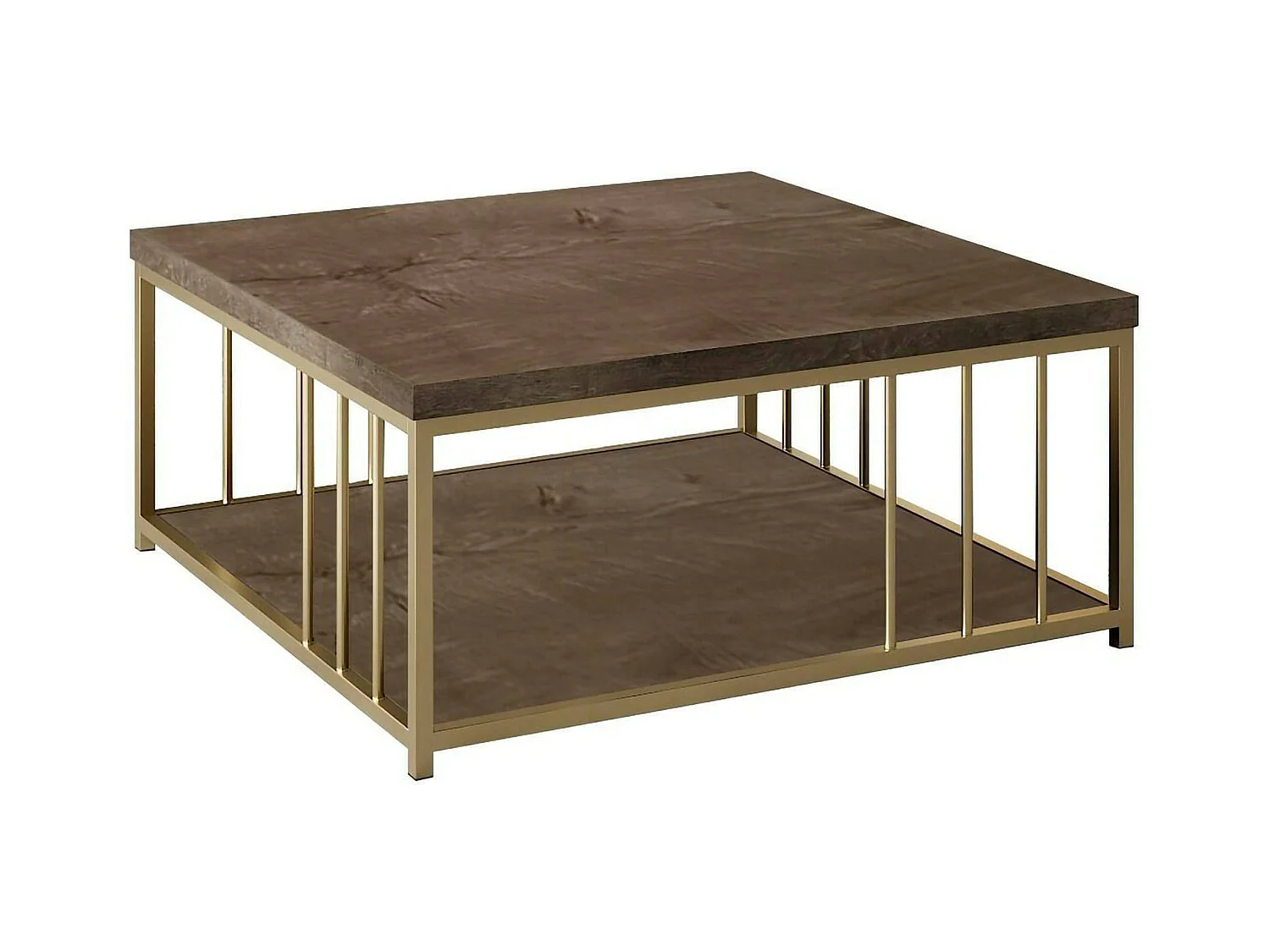 Table basse Ankaa, Table basse, Porte-revues pour canapé, Etagère de salon, 90x90h40 cm, Noyer et Or