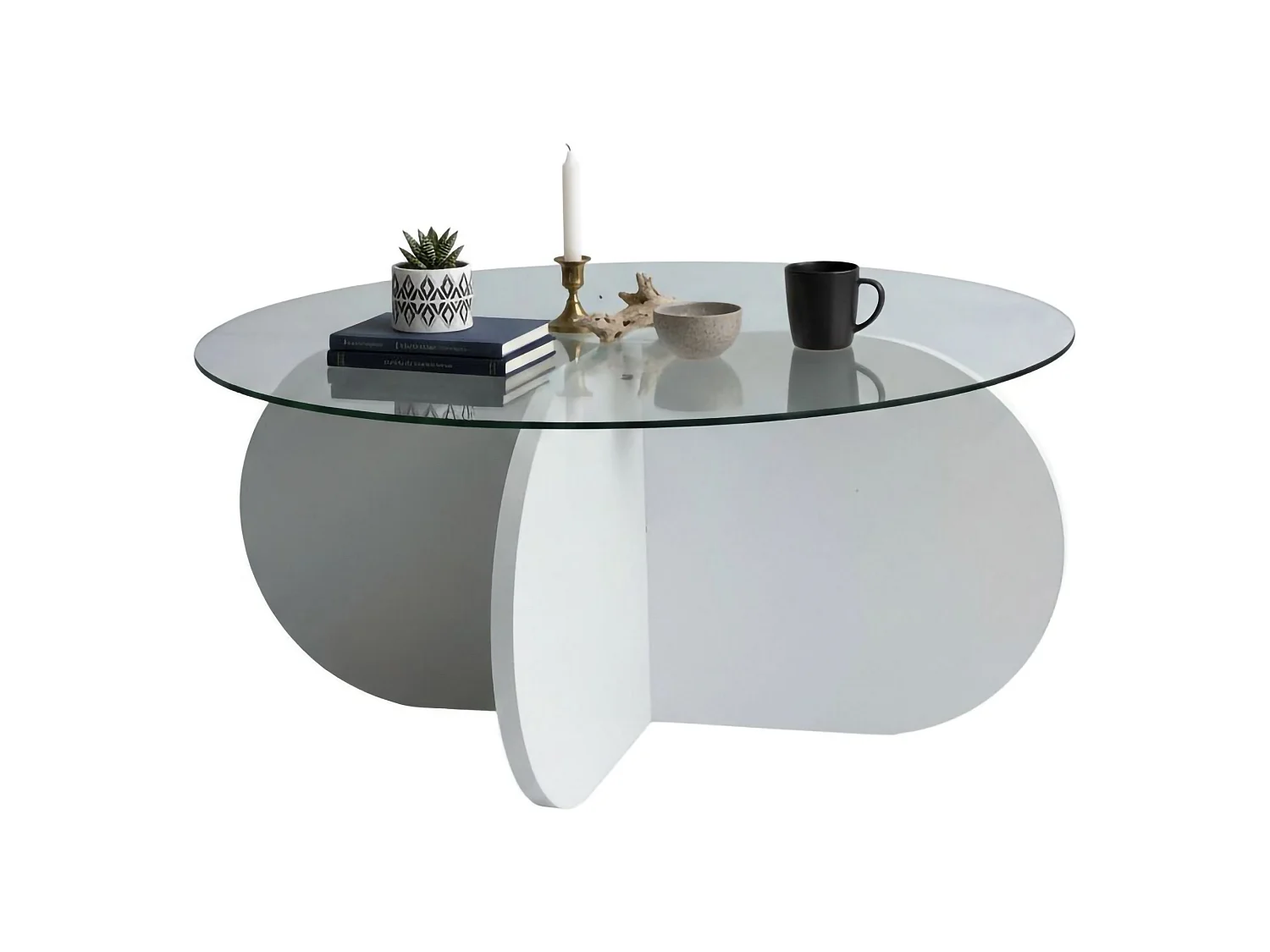 Table basse Nila, forme ronde, 75x75x35h cm blanc, plateau en verre, étagère transparente