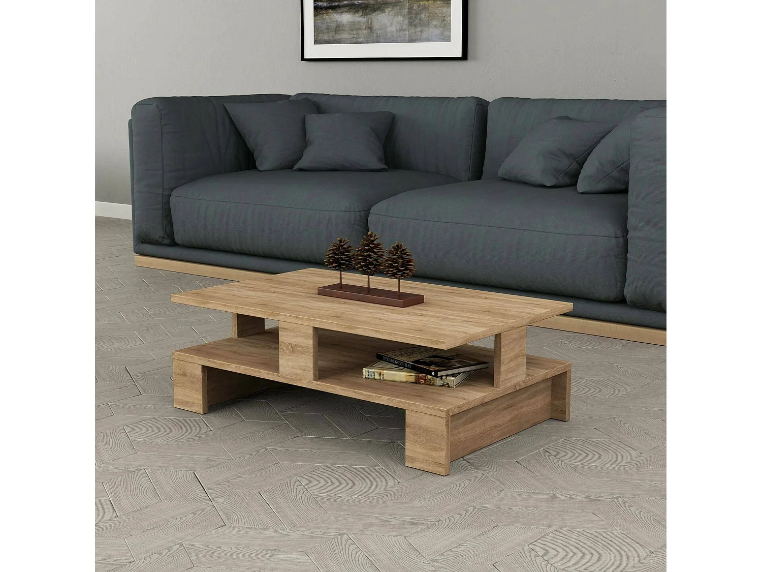 Mesa de café Dlettier, Mesa de centro baja, Revistero para sofá, Estante de la sala de estar, 80x50h28 cm, Roble