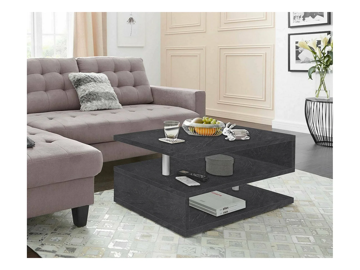 Dmora - Tavolino da salotto Natalia, 90x55h41 cm, Ardesia