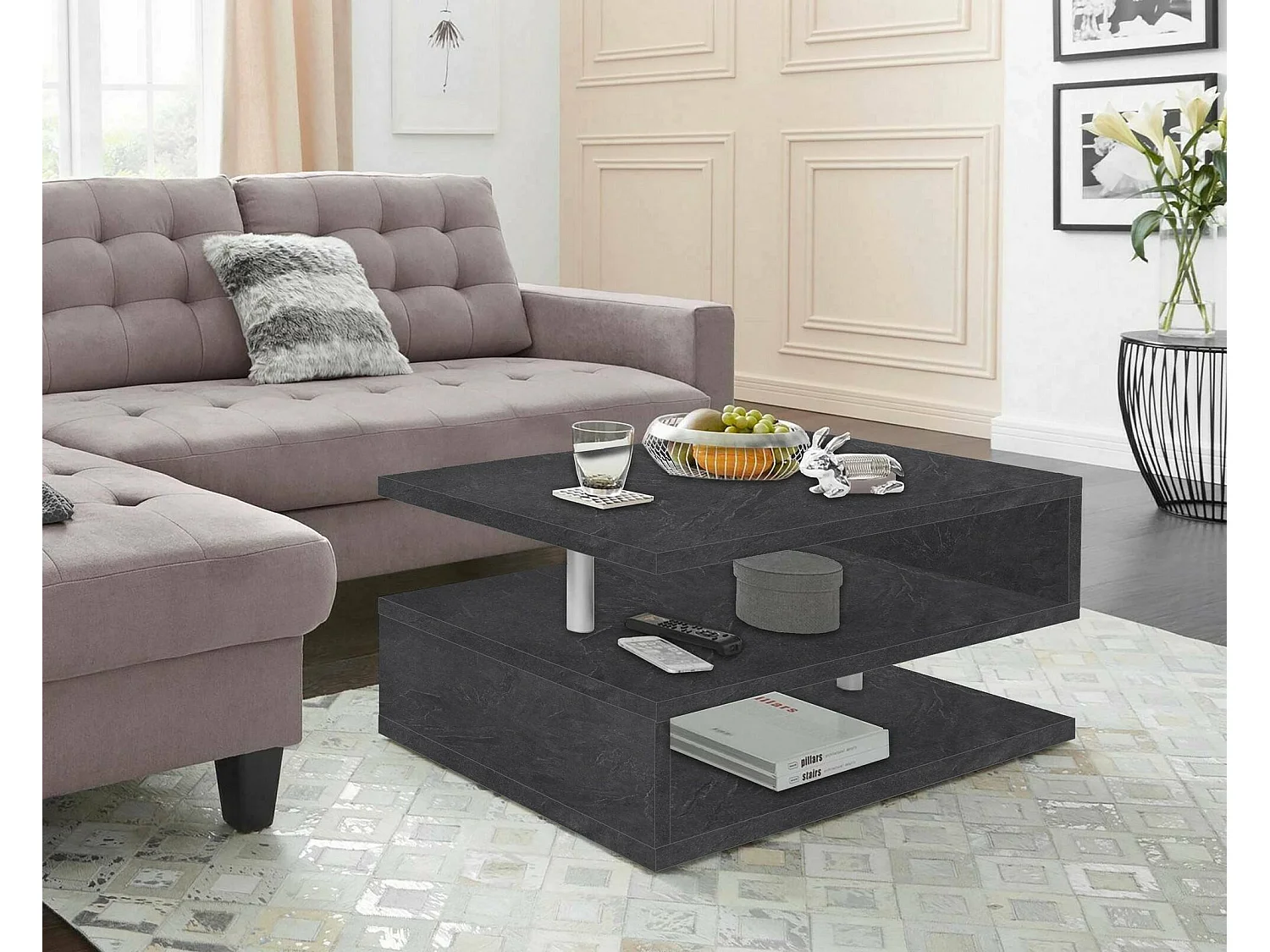 Table basse Goffredo, Table basse de salon, Meuble de rangement bas, Table basse, 90x55h41 cm, Ardoise