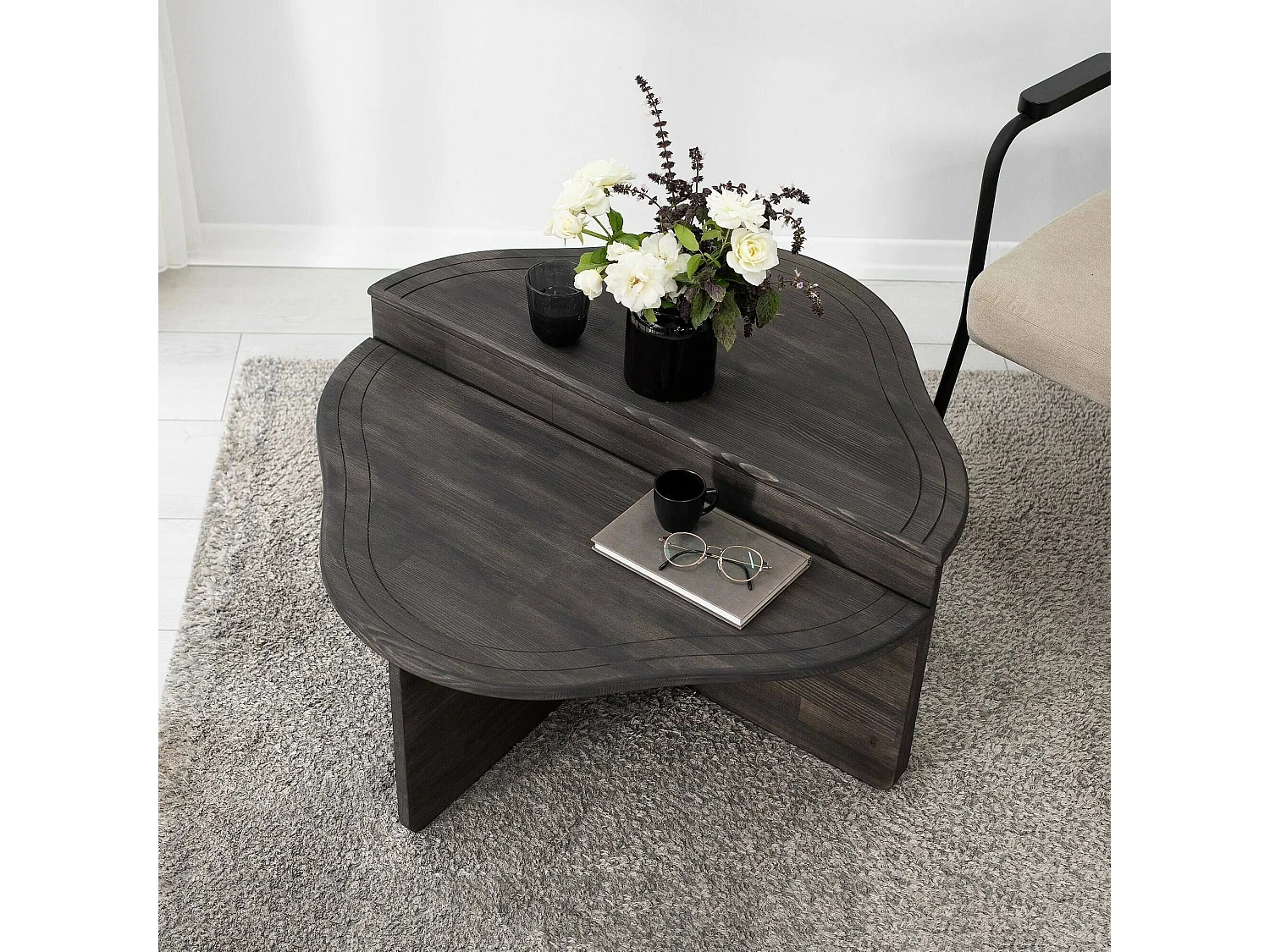 Table basse Juno, Table basse, Porte-revues pour canapé, Etagère de salon, 90x90h40 cm, Anthracite