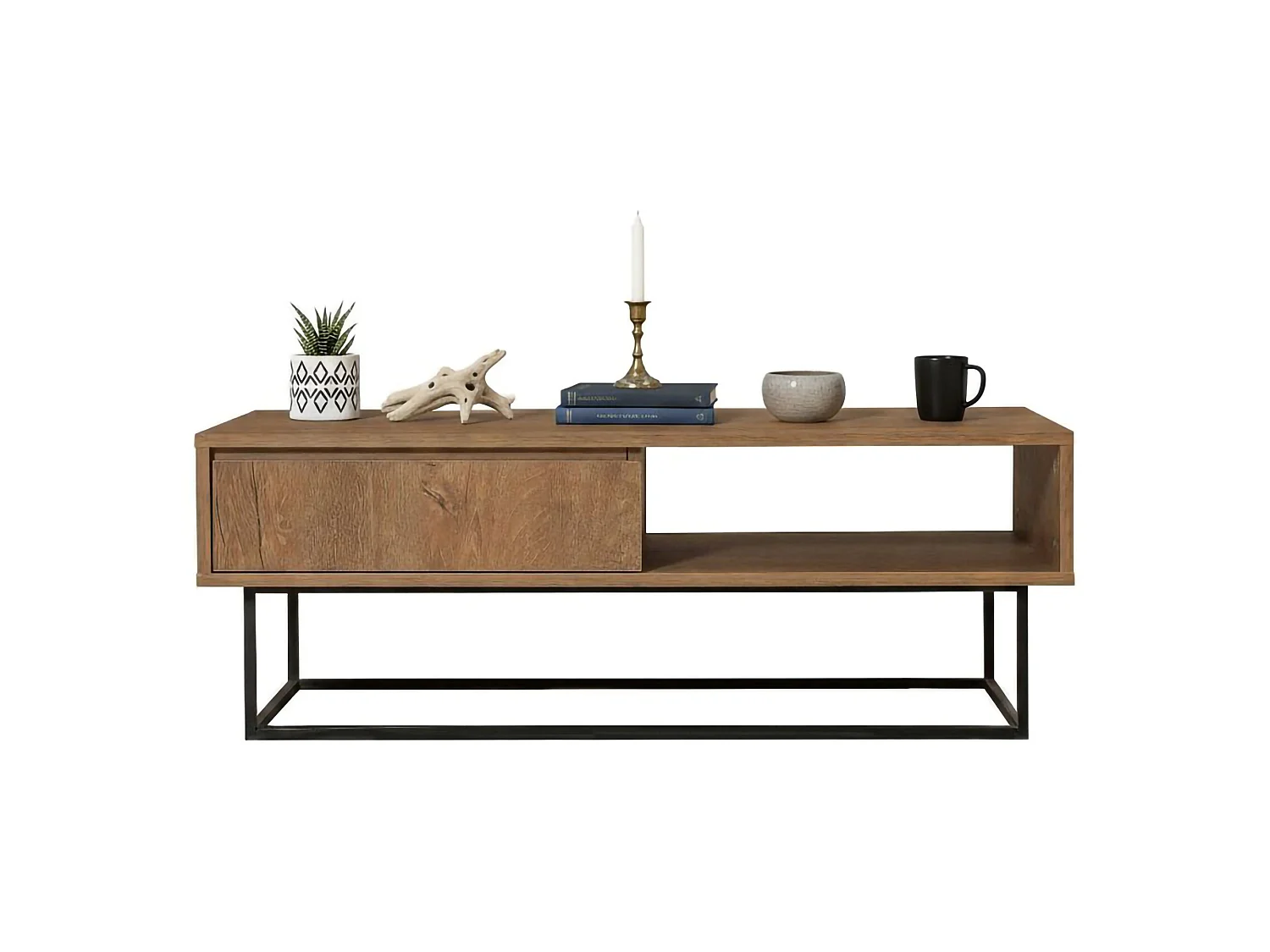 Table basse Algenib, Table basse, Porte-revues pour canapé, Etagère de salon, 120x60h43 cm, Noyer et Noir