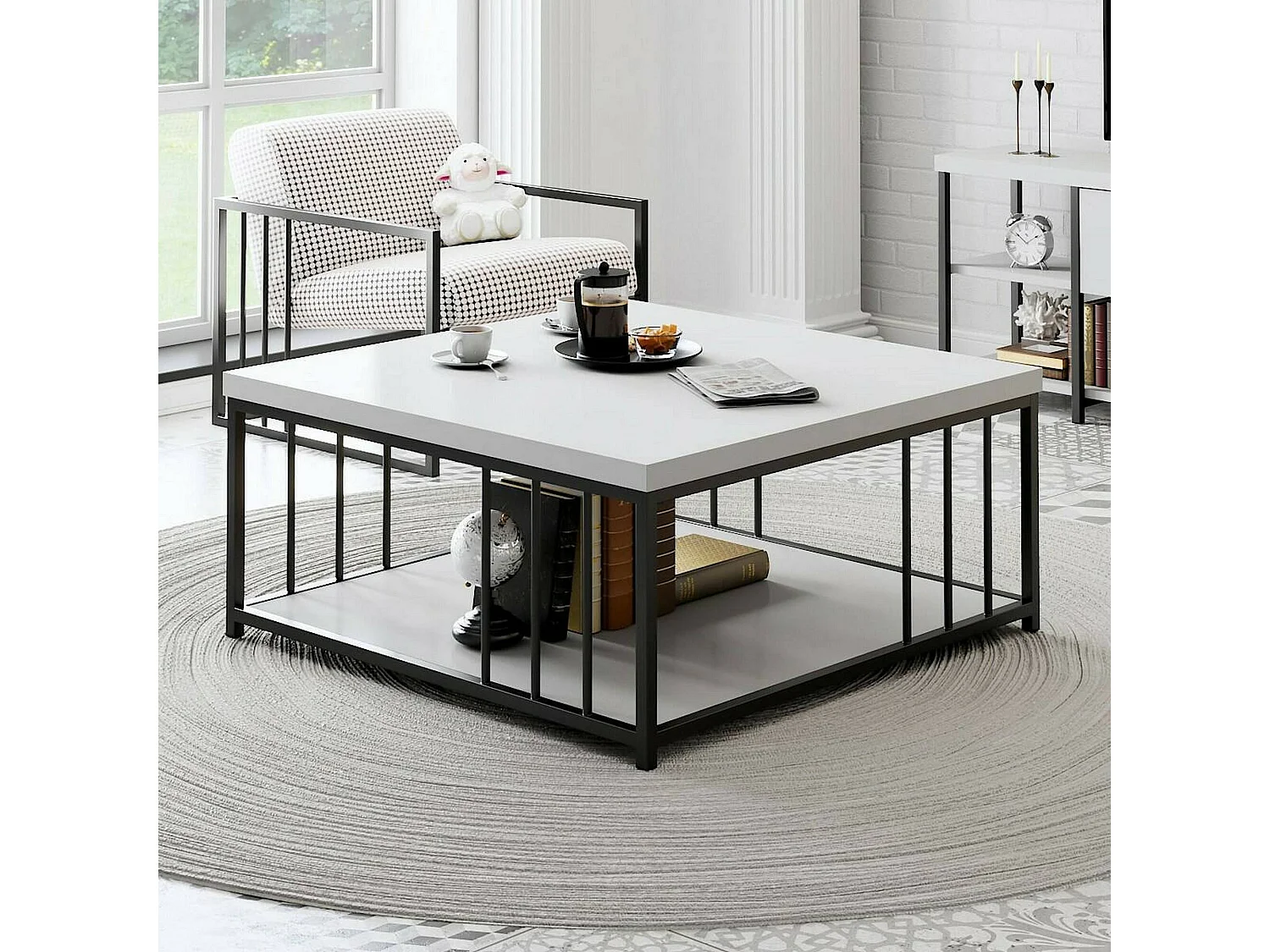 Dmora - Tavolino da salotto Raiden, 90x90h40 cm, Bianco e Nero