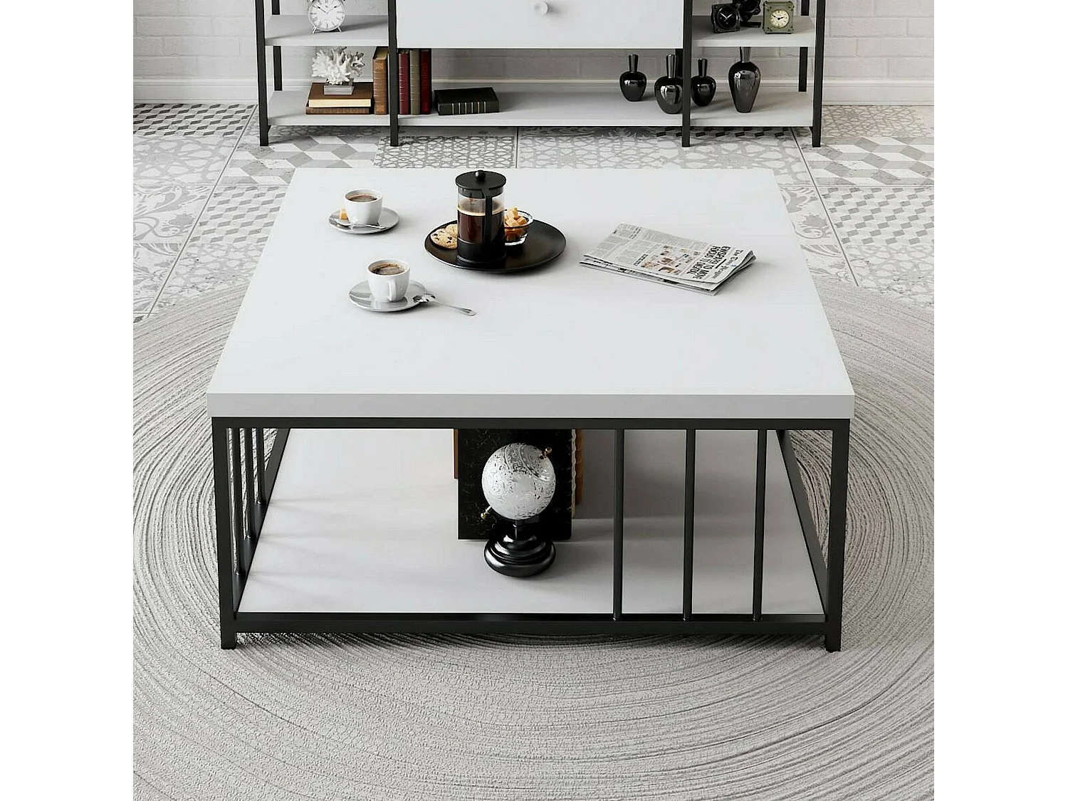 Dmora - Tavolino da salotto Raiden, 90x90h40 cm, Bianco e Nero